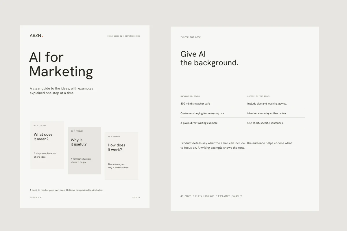 AI for Marketing book cover beside an explanation of how product facts, customer needs and writing style guide an email.